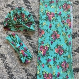 Mint/Teal floral Newborn swaddle, hat, & headband